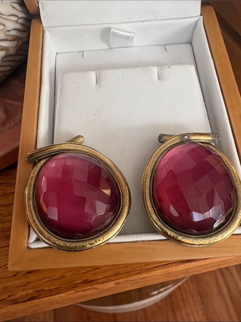Faceted Pink Stone Clip-On Earrings in Antique Gold Tone